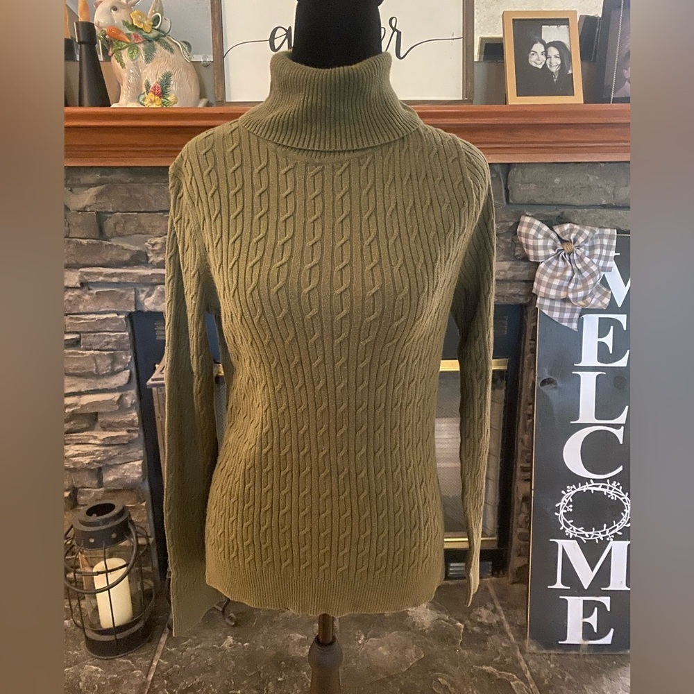 Talbots Olive Cable Knit Turtleneck Pima Cotton Sweater